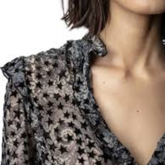 Zadig & Voltaire Blouse Top Tuya Burnout Stars Black Velvet Size M NEW - Picture 3 of 13